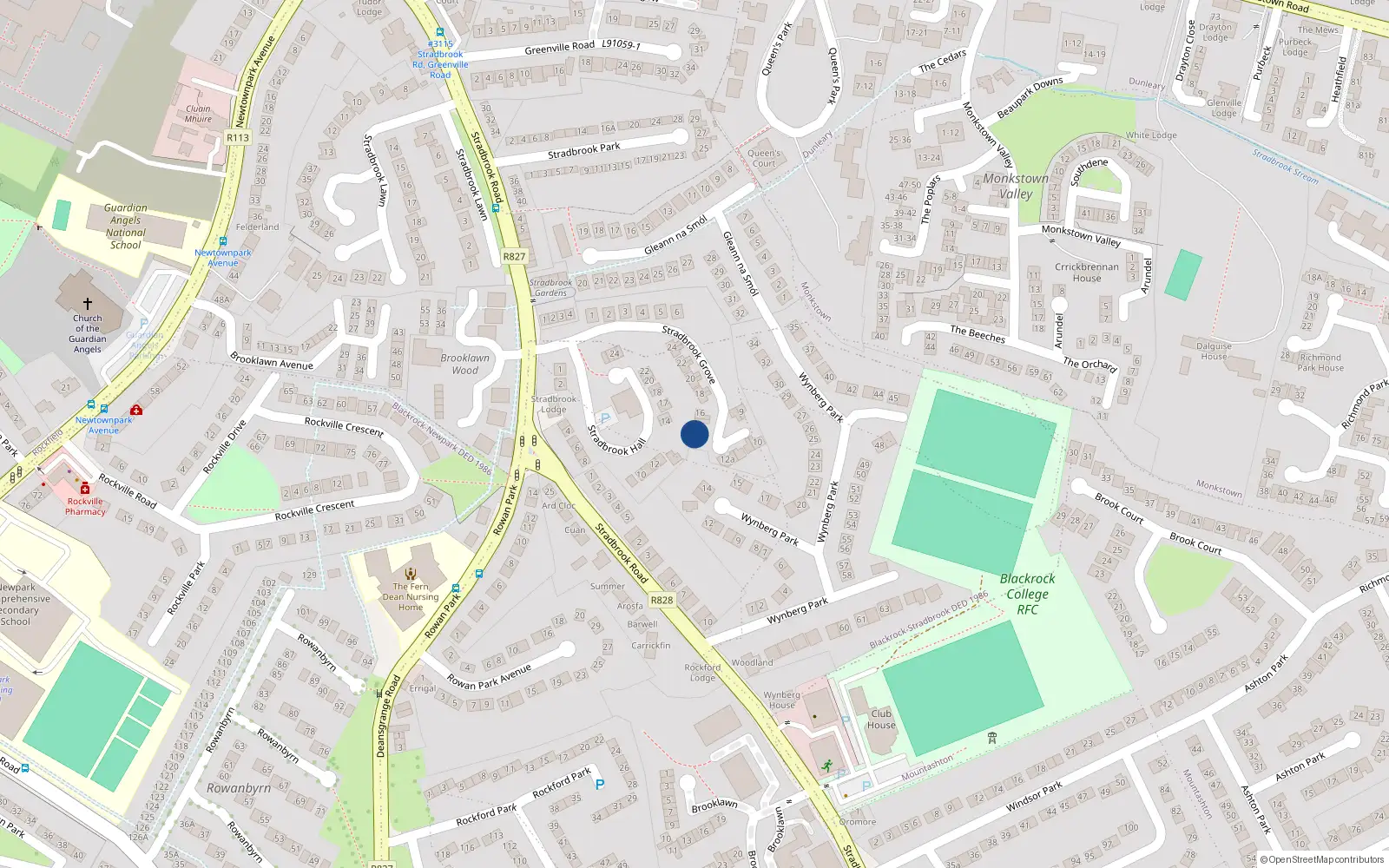 Overhead map showing the location of 14 Stradbrook Grove, Blackrock, Dublin