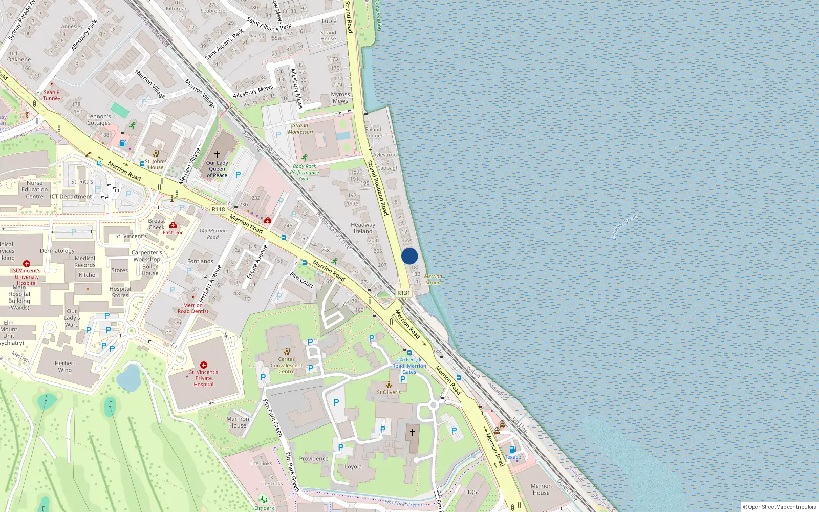 Overhead map showing the location of 14 Strand Road, Merrion, Dublin 4