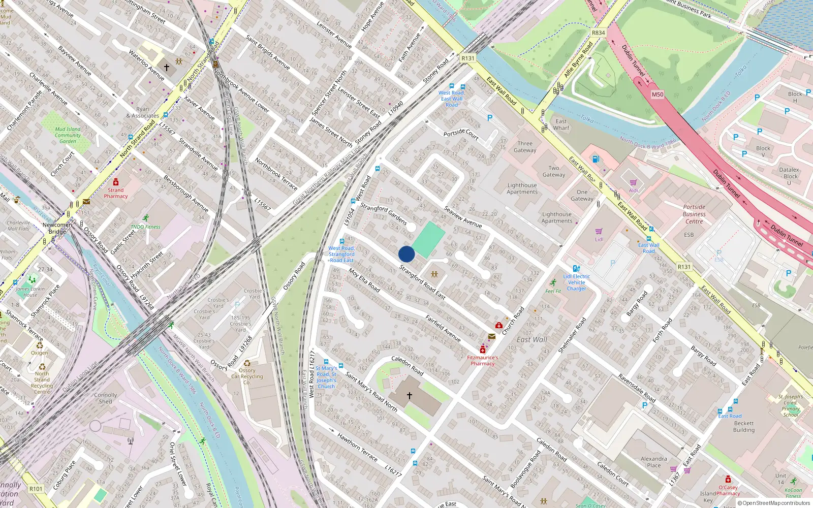 Overhead map showing the location of 14 Strangford Road East, Dublin 3