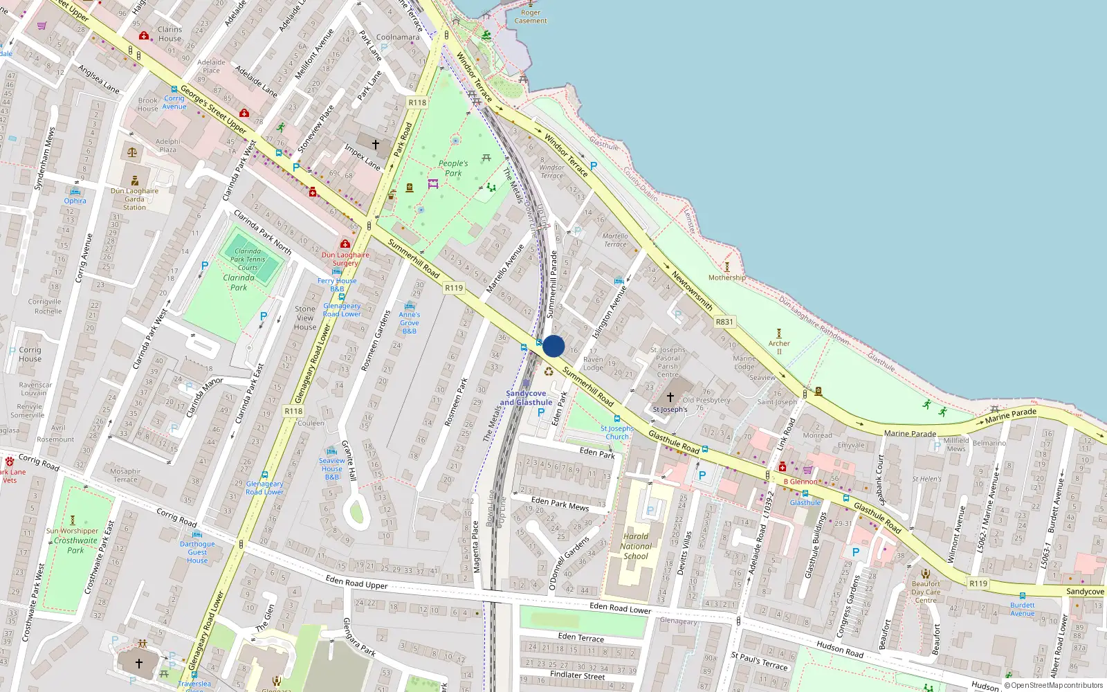 Overhead map showing the location of 14 Summerhill Road, Sandycove, Dublin