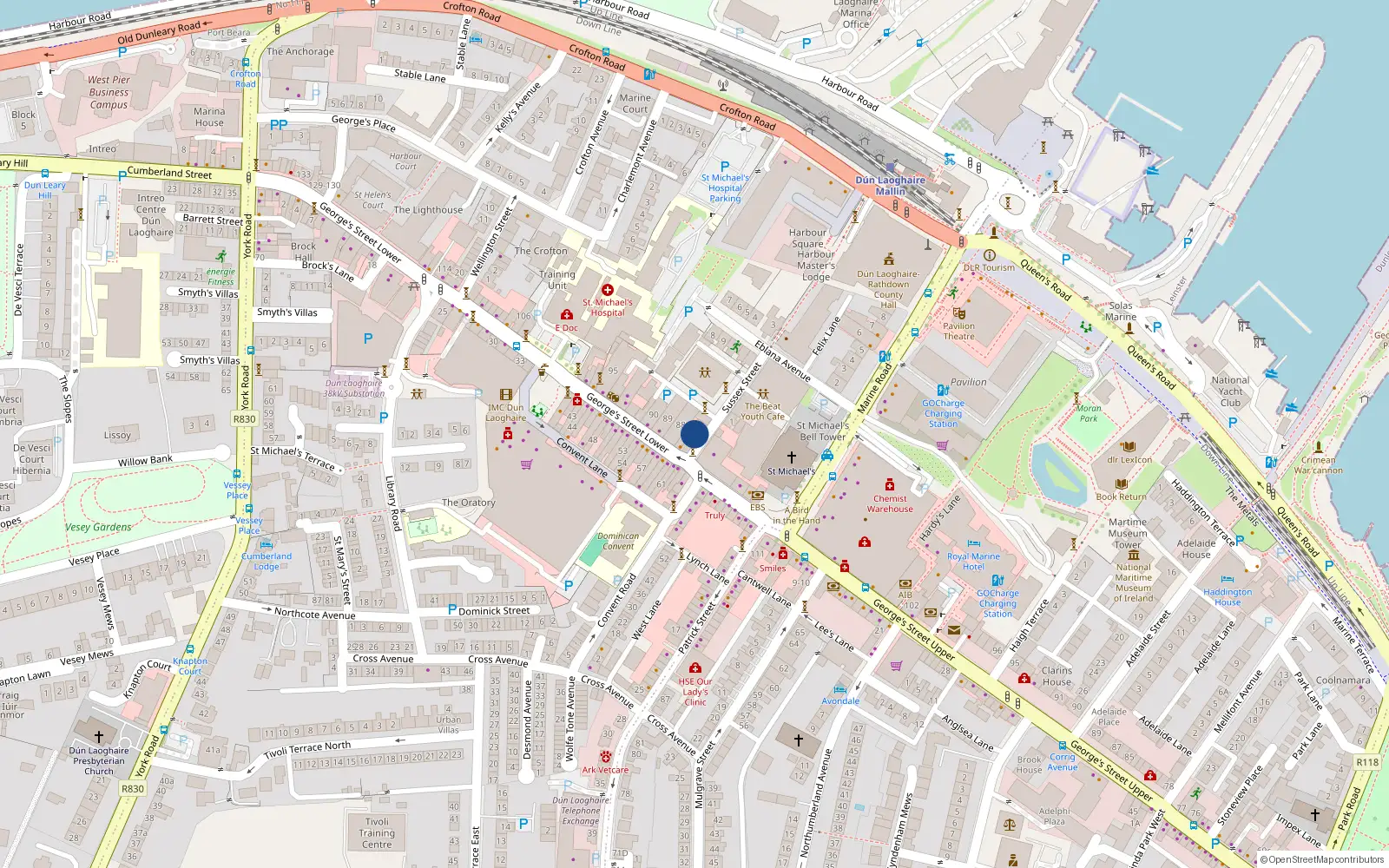 Overhead map showing the location of 14 Sussex St, Dun Laoghaire, Dublin