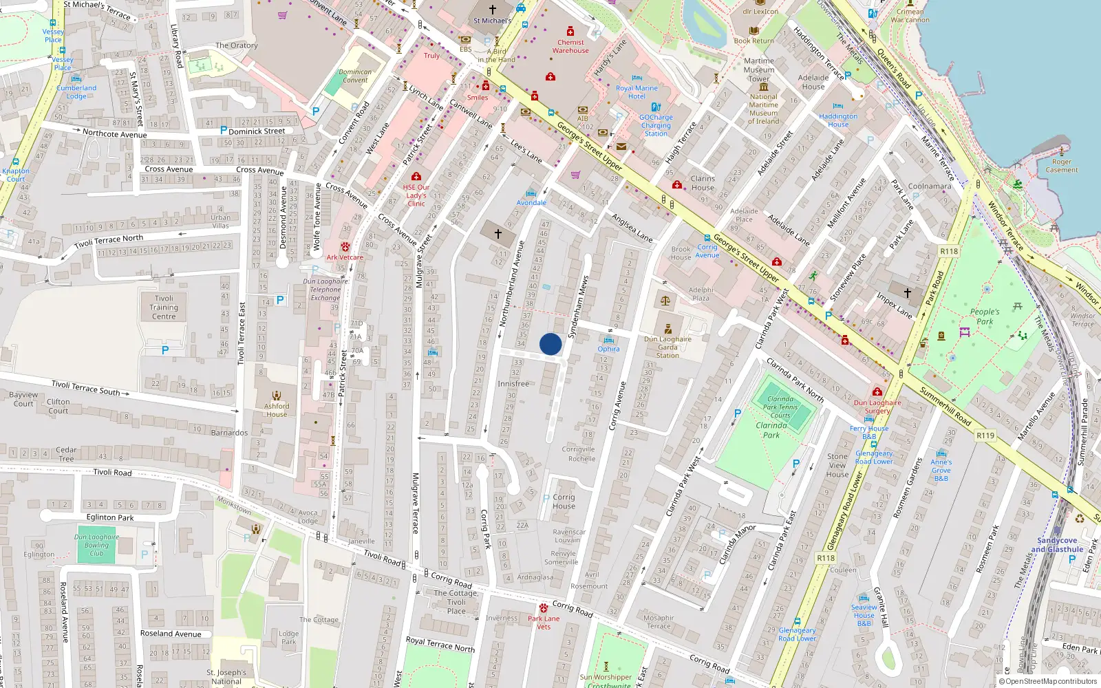 Overhead map showing the location of 14 Sydenham Mews, Dun Laoghaire