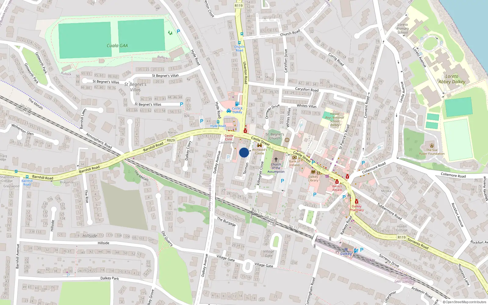 Overhead map showing the location of 14 Termon, Castle St, Dalkey