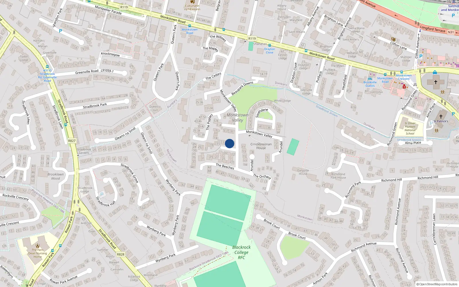 Overhead map showing the location of 14 The Beeches, Monkstown