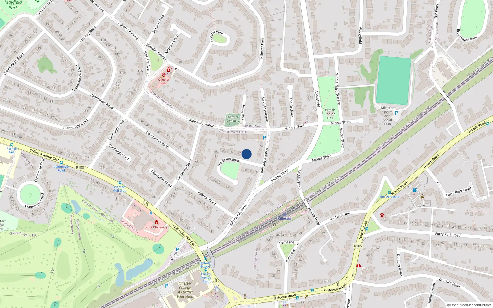 Overhead map showing the location of 14 The Bramblings, Dublin 5