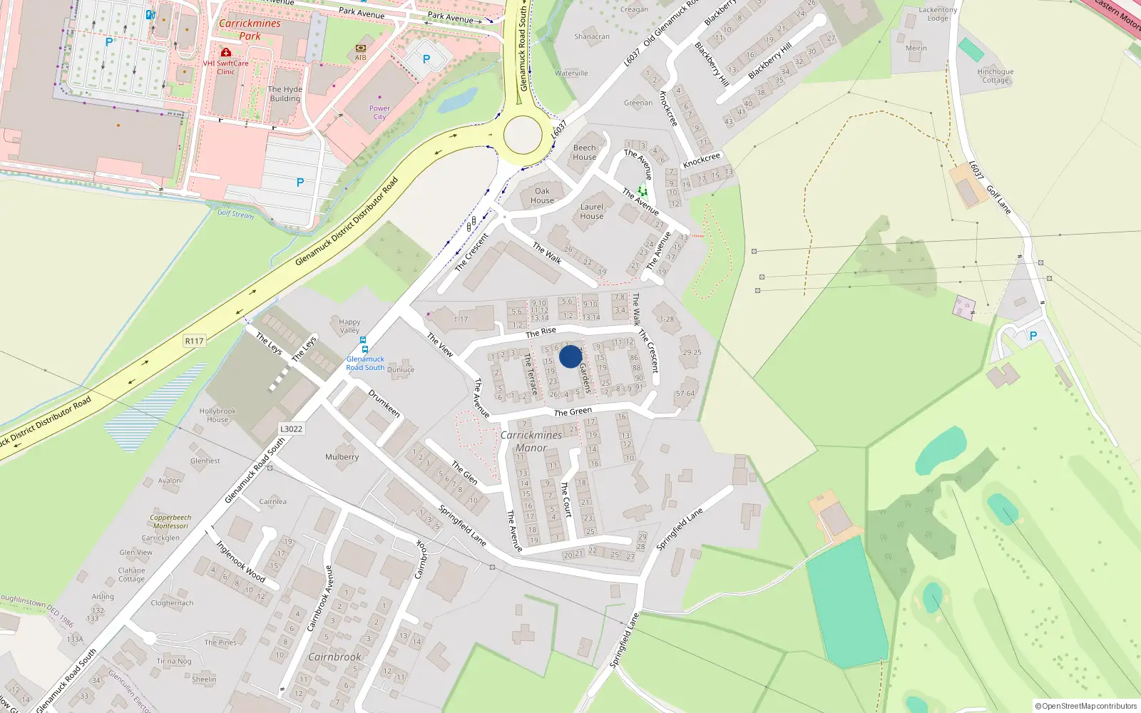 Overhead map showing the location of 14 The Gardens, Carrickmines