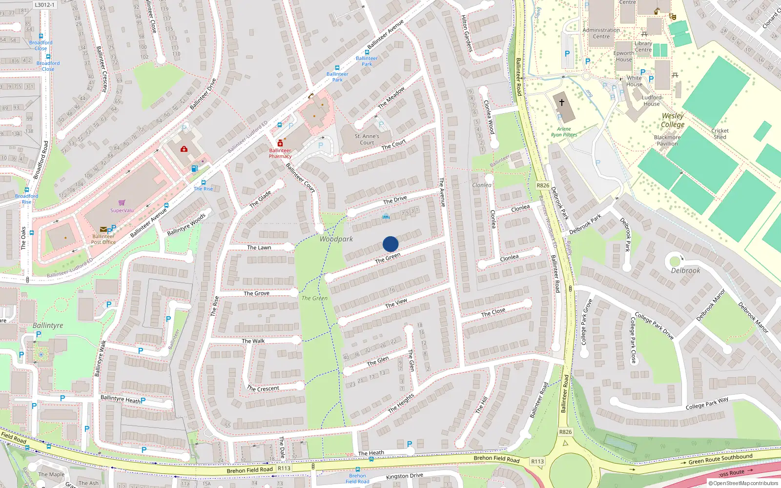 Overhead map showing the location of 14 The Green, Dublin 16