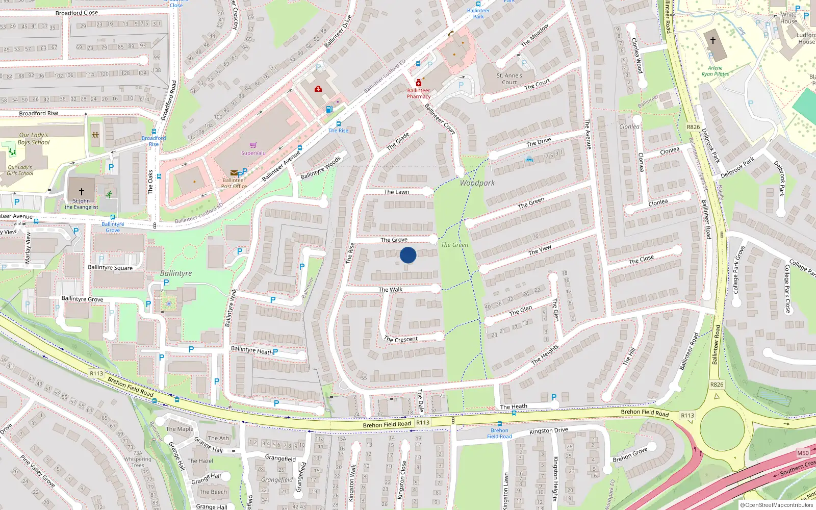 Overhead map showing the location of 14 The Grove, Dublin 16