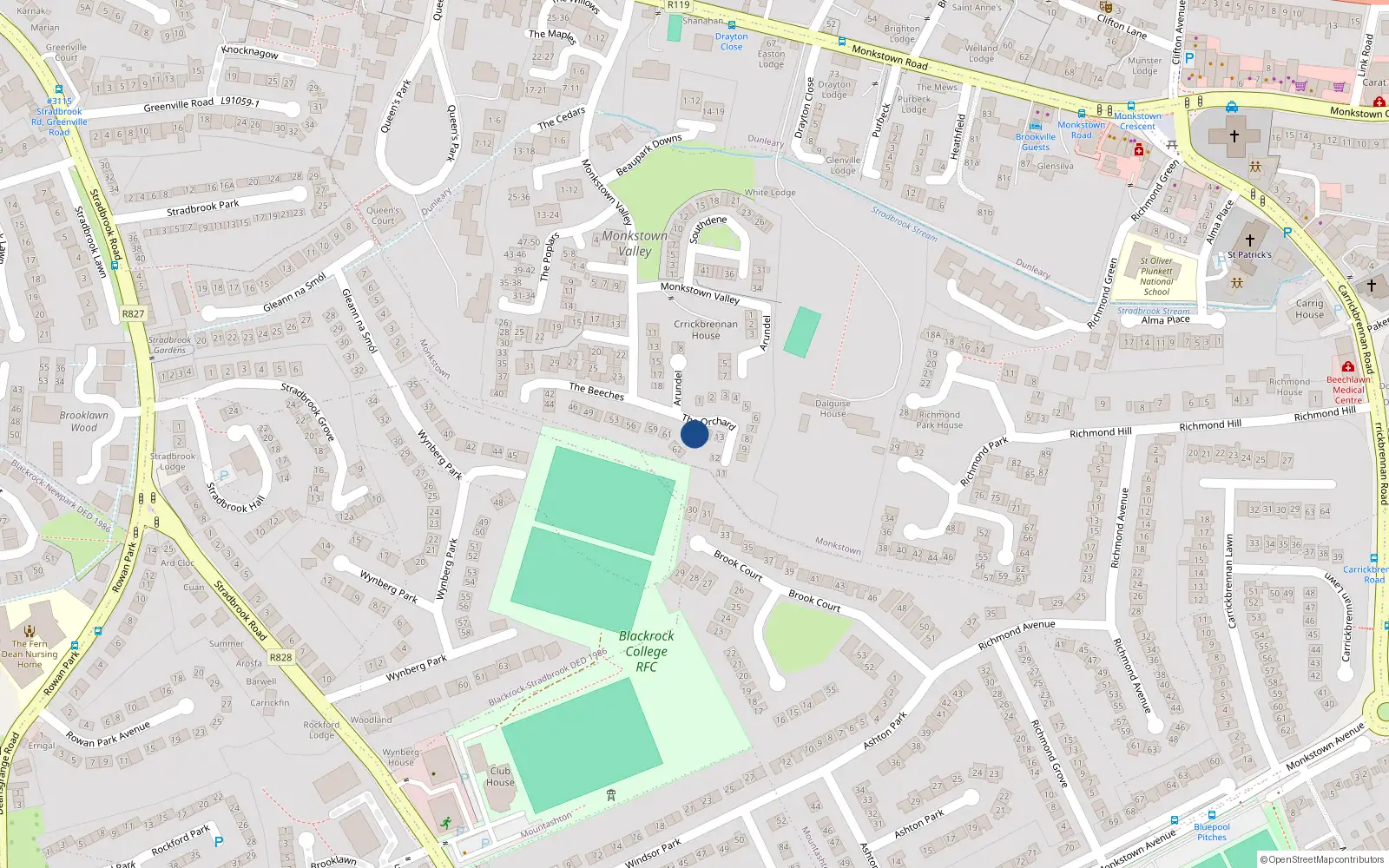 Overhead map showing the location of 14 The Orchard, Monkstown