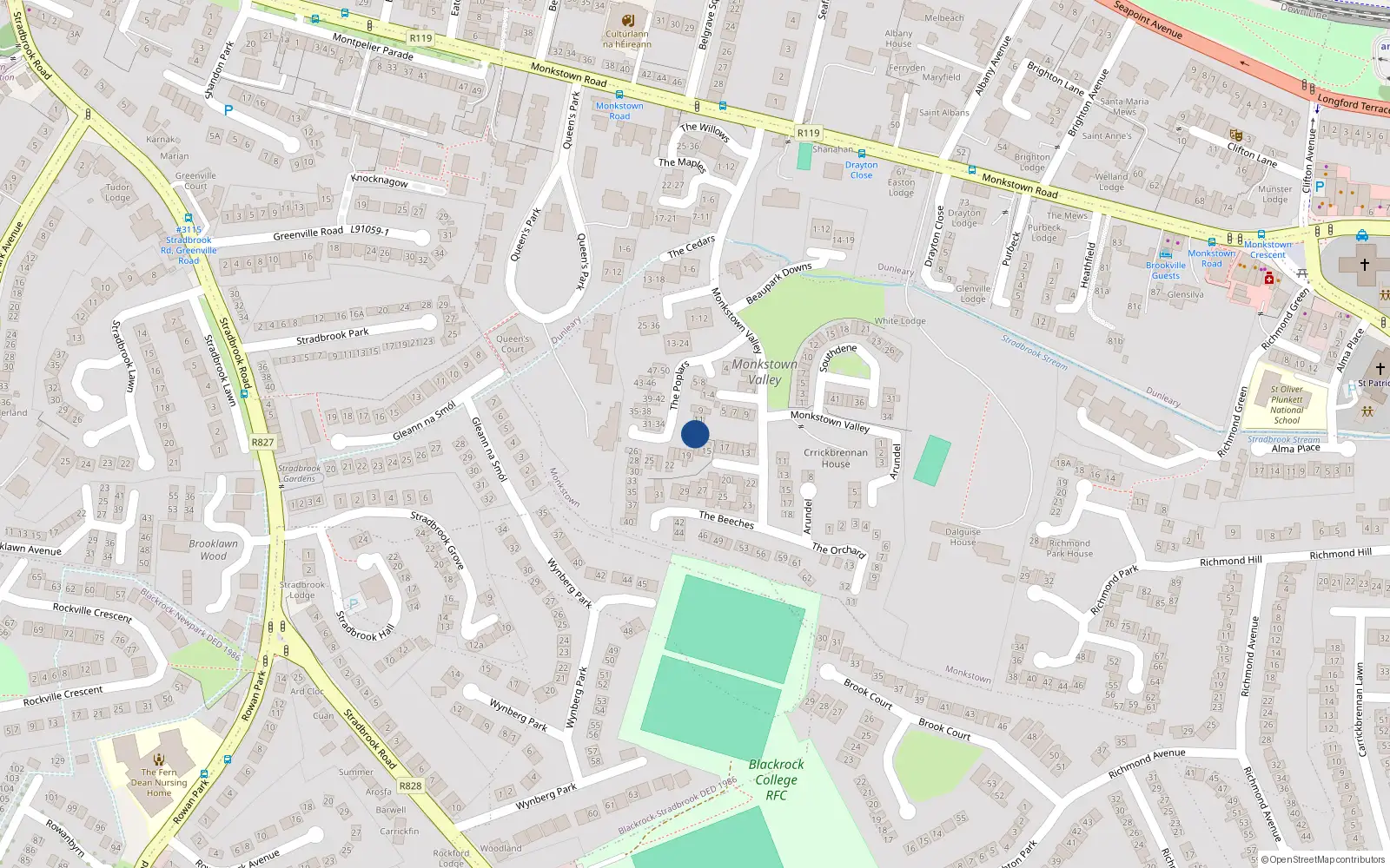 Overhead map showing the location of 14 The Poplars, Monkstown
