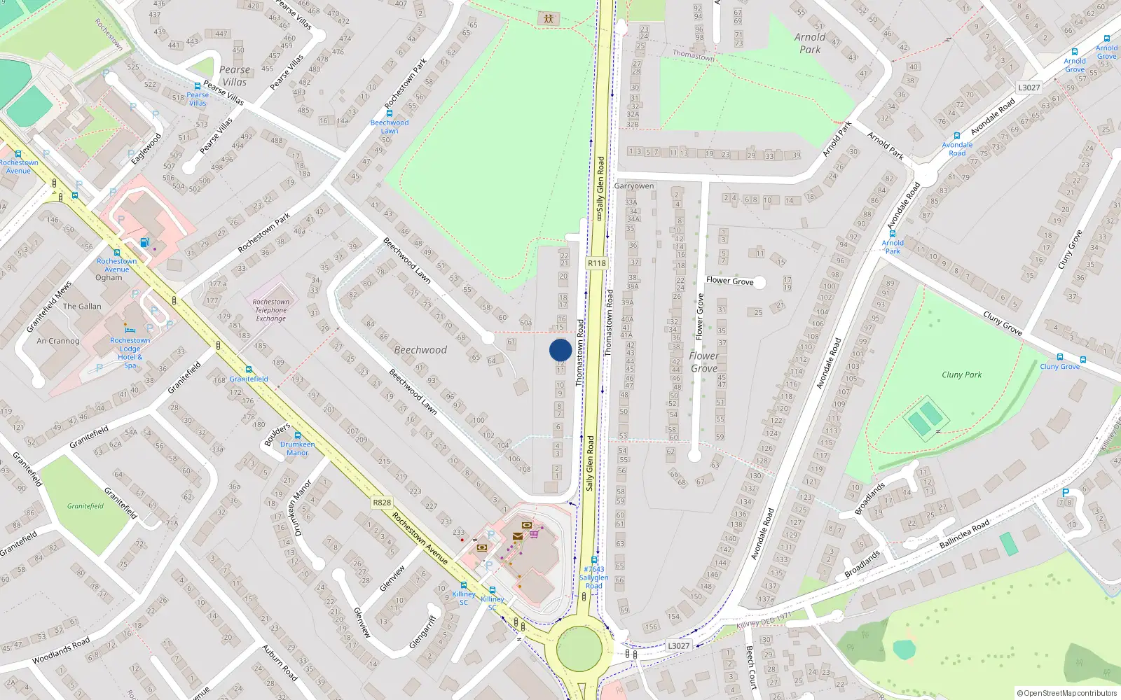 Overhead map showing the location of 14 Thomastown Road, Dublin