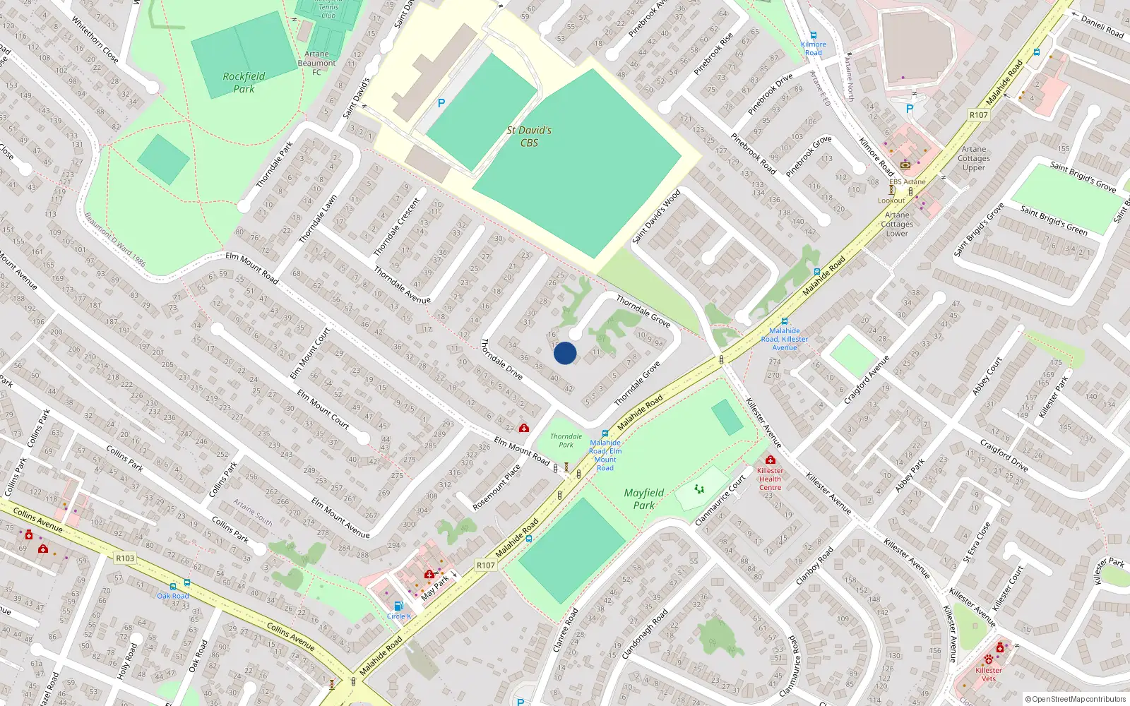 Overhead map showing the location of 14 Thorndale Grove, Artane, Dublin 5