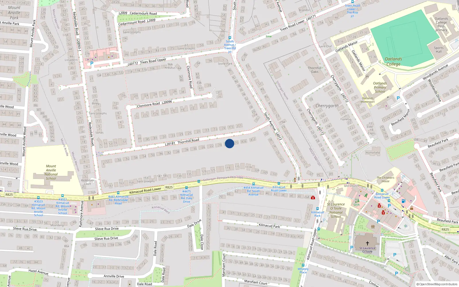 Overhead map showing the location of 14 Thornhill Road, Blackrock
