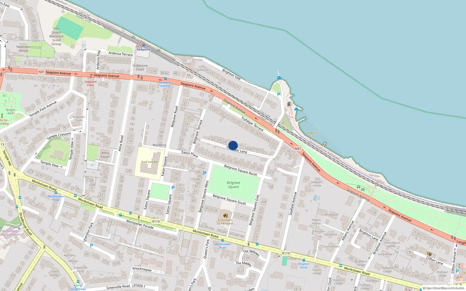 Overhead map showing the location of 14 Trafalgar Lane, Monkstown, Dublin