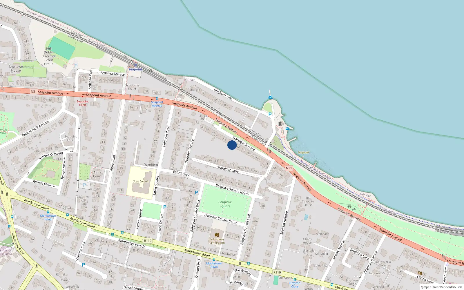 Overhead map showing the location of 14 Trafalgar Terrace, Blackrock