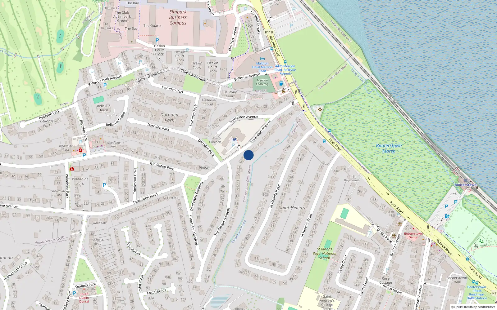 Overhead map showing the location of 14 Trimleston Avenue, Blackrock