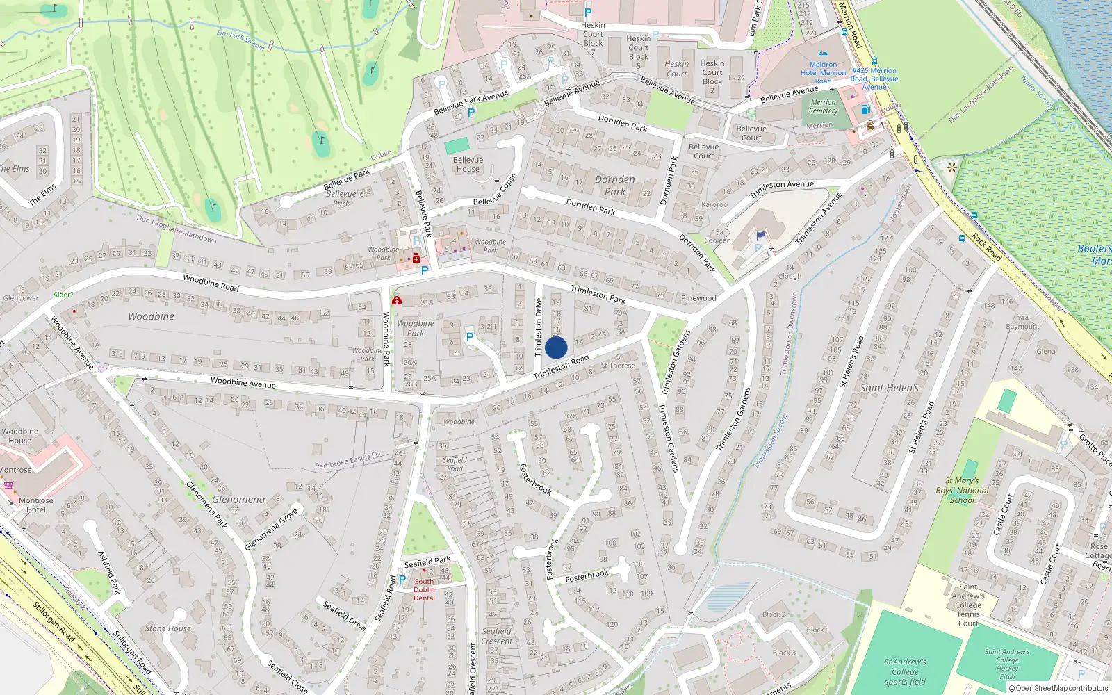 Overhead map showing the location of 14 Trimleston Drive, Blackrock