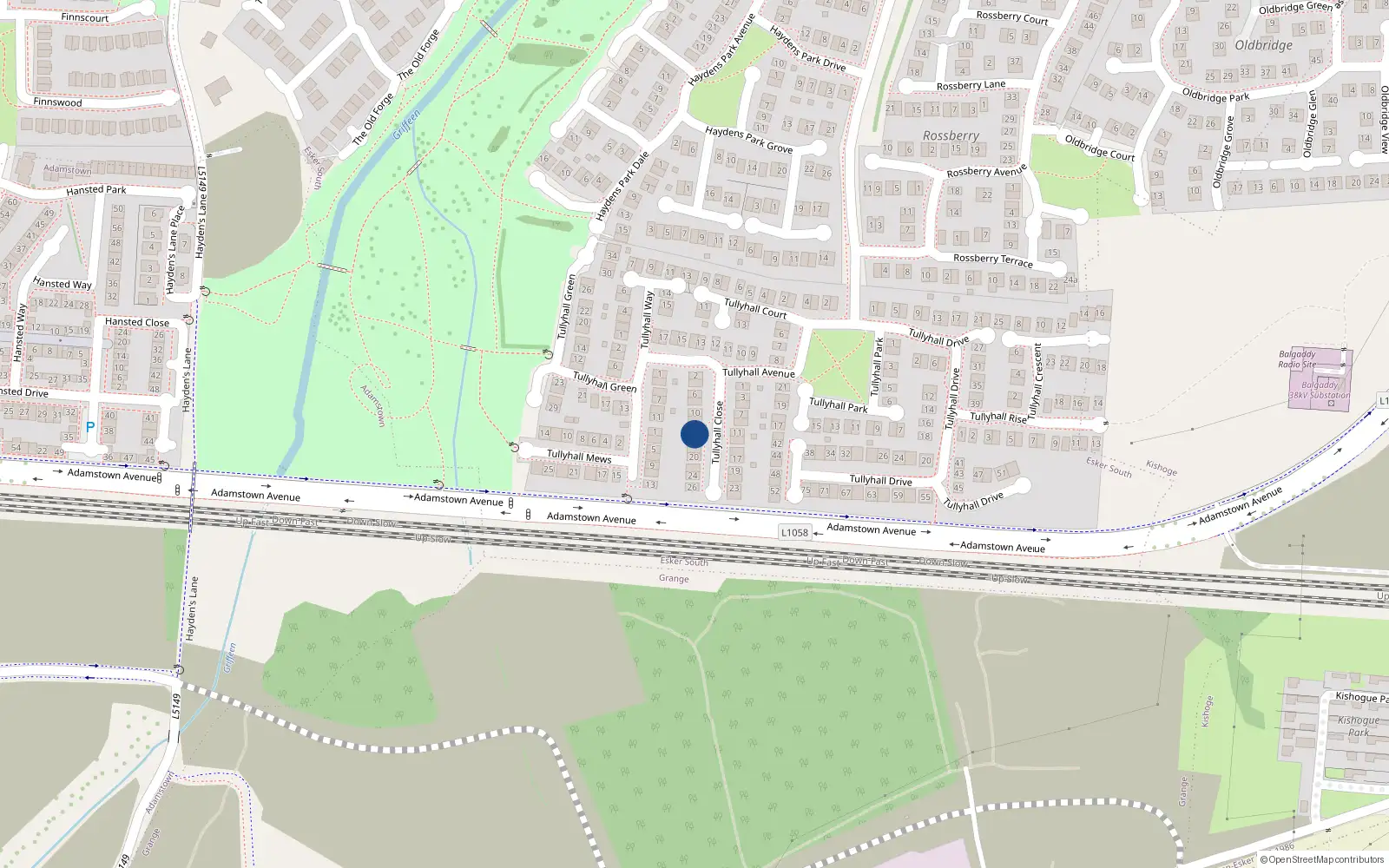 Overhead map showing the location of 14 Tullyhall Close, Lucan, Dublin