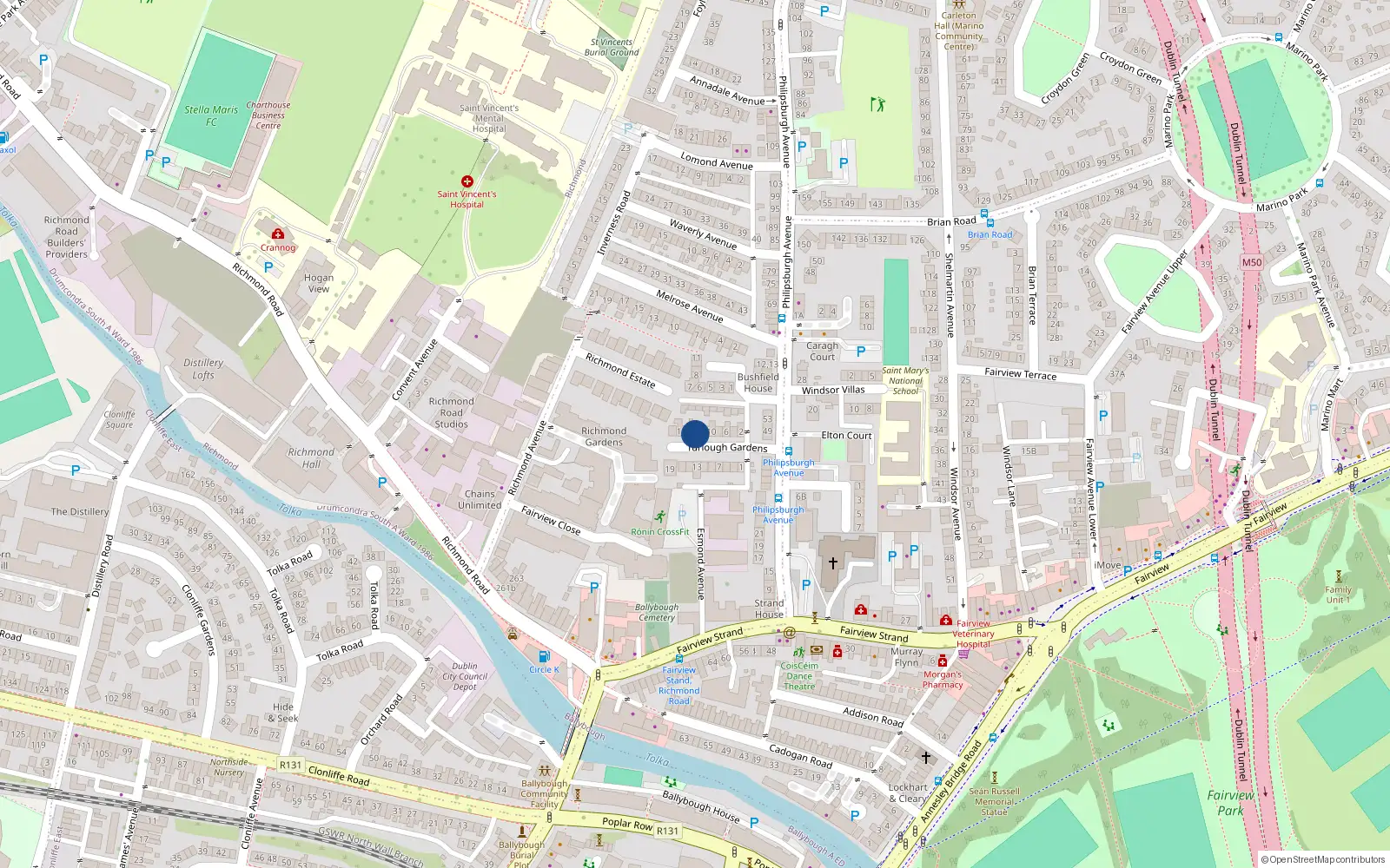 Overhead map showing the location of 14 Turlogh Gardens, Fairview, Dublin 3