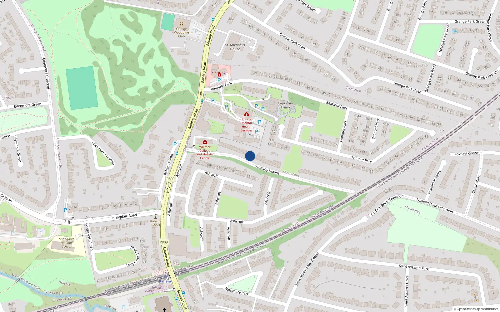 Overhead map showing the location of 14 Tuscany Downs, Raheny, Dublin 5