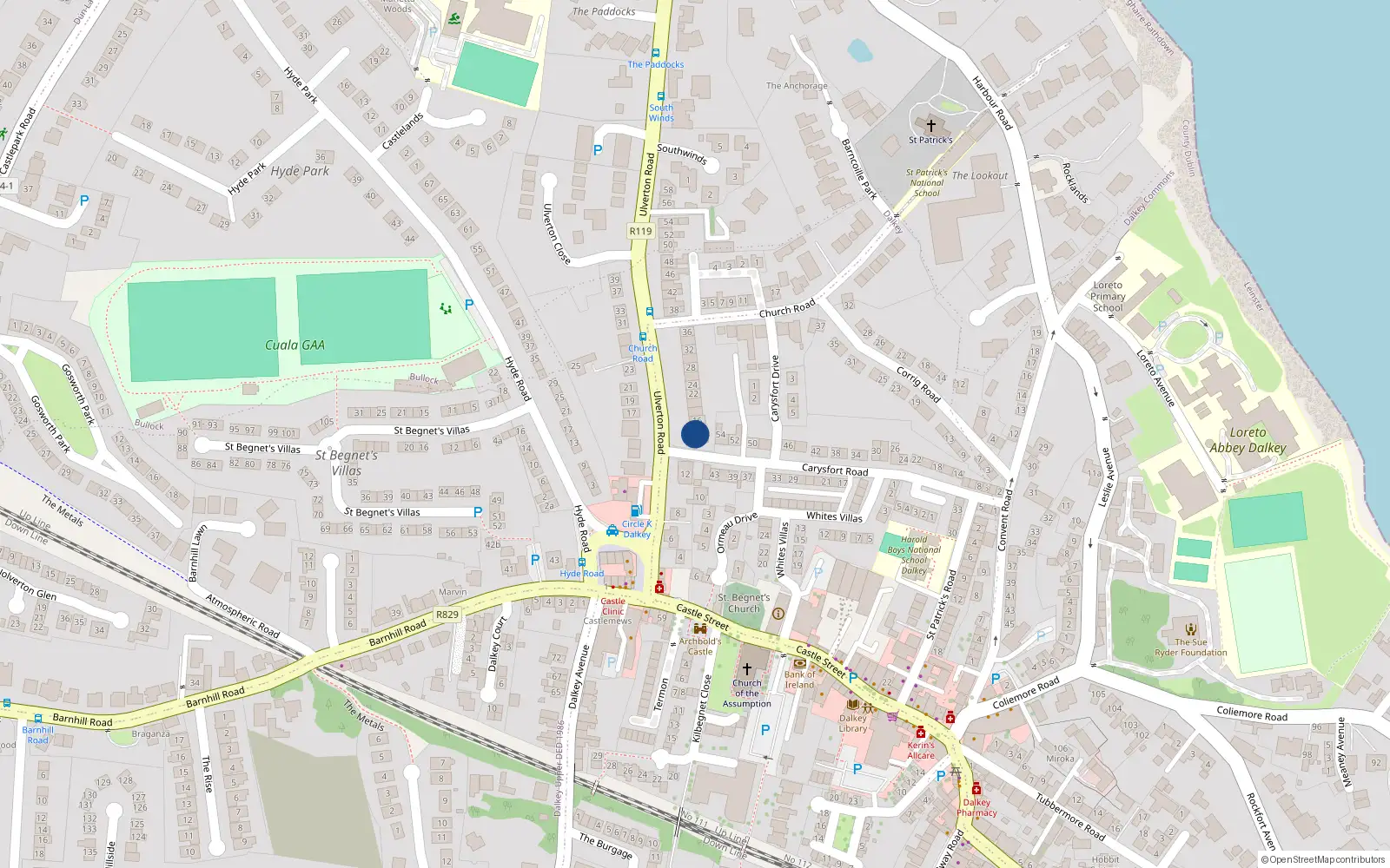 Overhead map showing the location of 14 Ulverton Road, Dalkey, Dublin