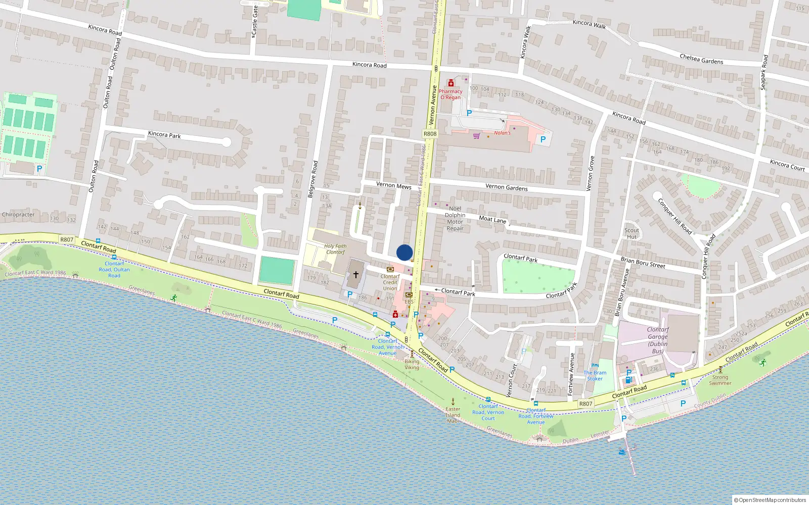 Overhead map showing the location of 14 Vernon Avenue, Clontarf, Dublin 3