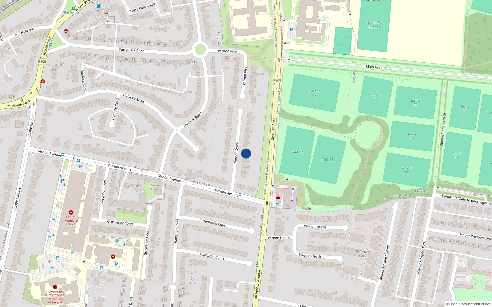 Overhead map showing the location of 14 Vernon Drive, Dublin 3