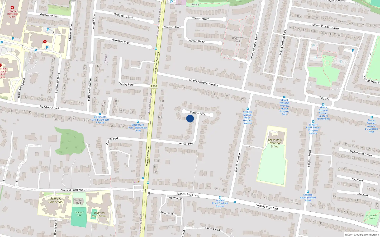 Overhead map showing the location of 14 Vernon Park, Clontarf, Dublin 3