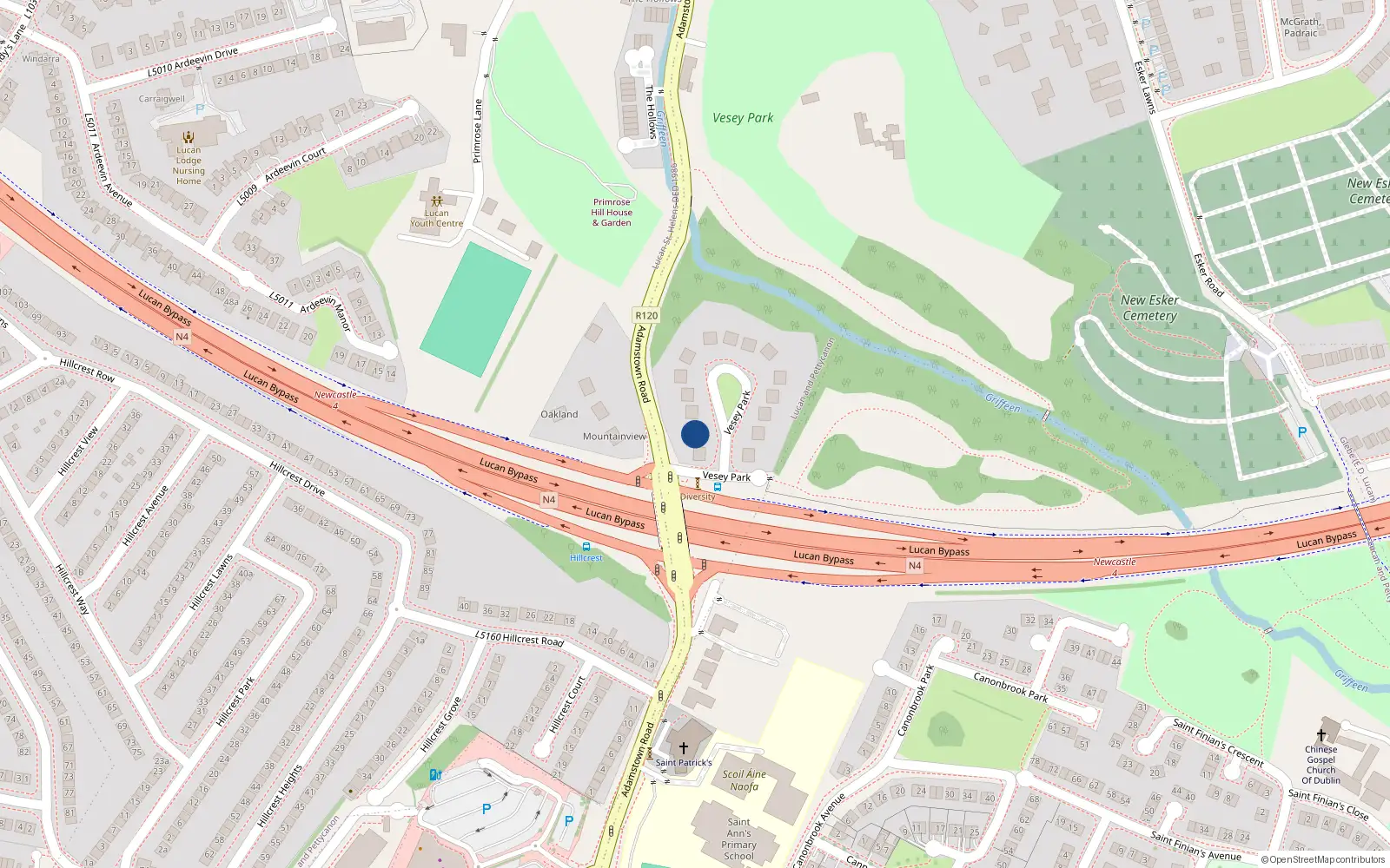 Overhead map showing the location of 14 Vesey Park, Lucan