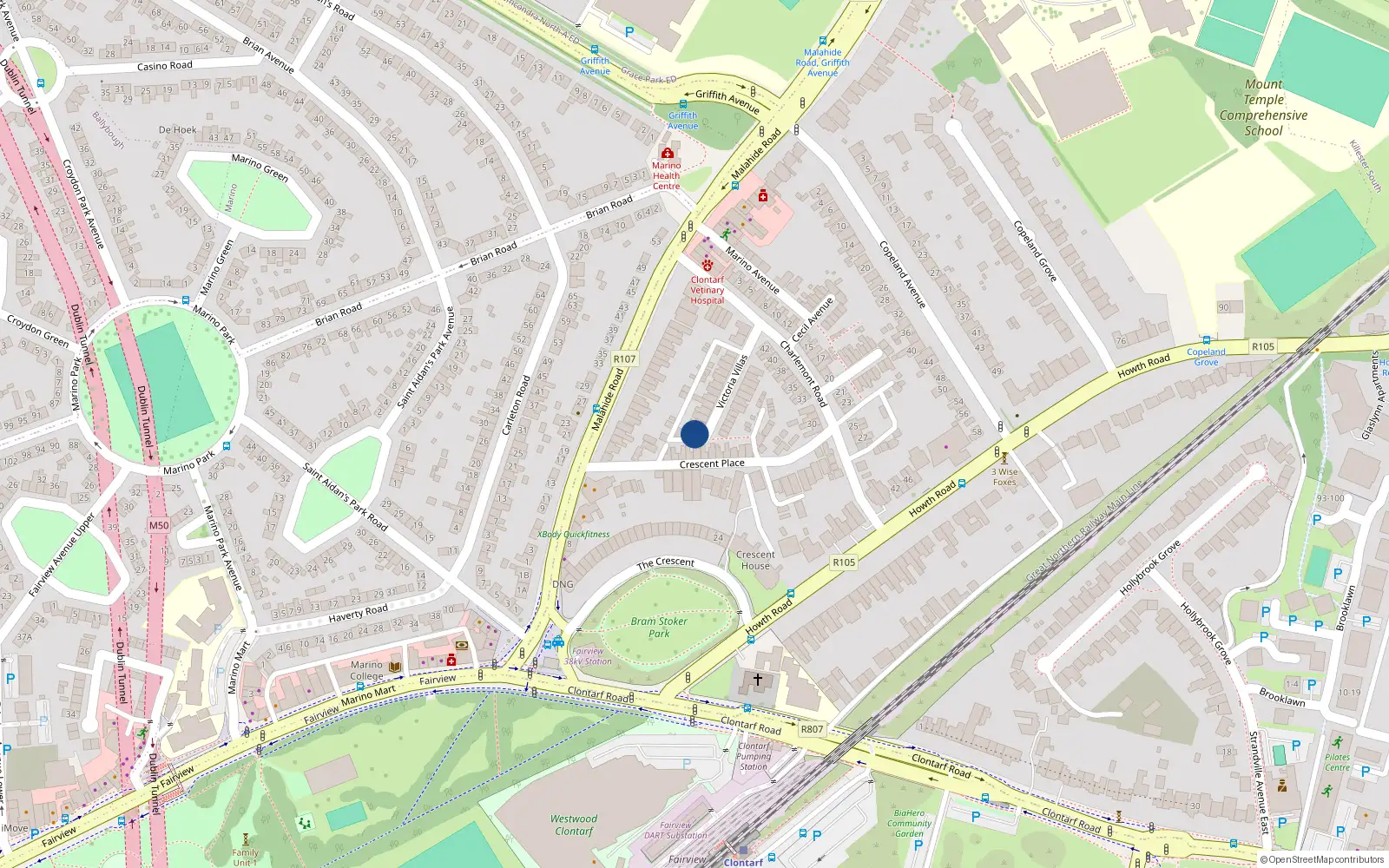 Overhead map showing the location of 14 Victoria Villas, Clontarf, Dublin 3