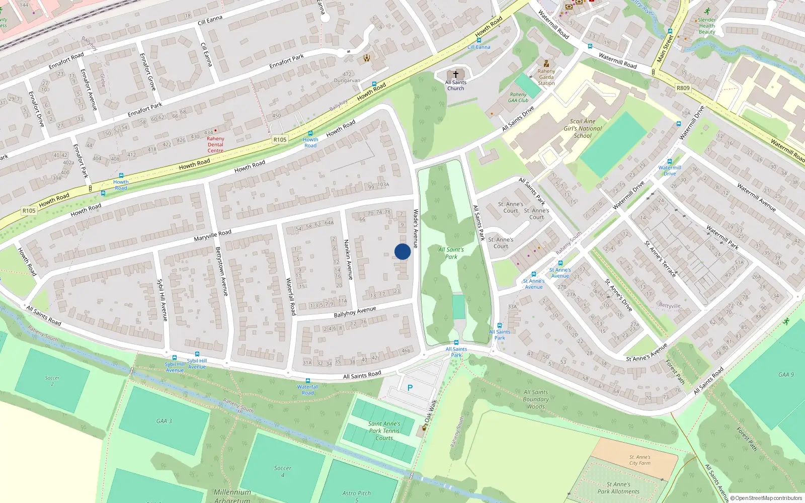 Overhead map showing the location of 14 Wade's Avenue, Dublin 5
