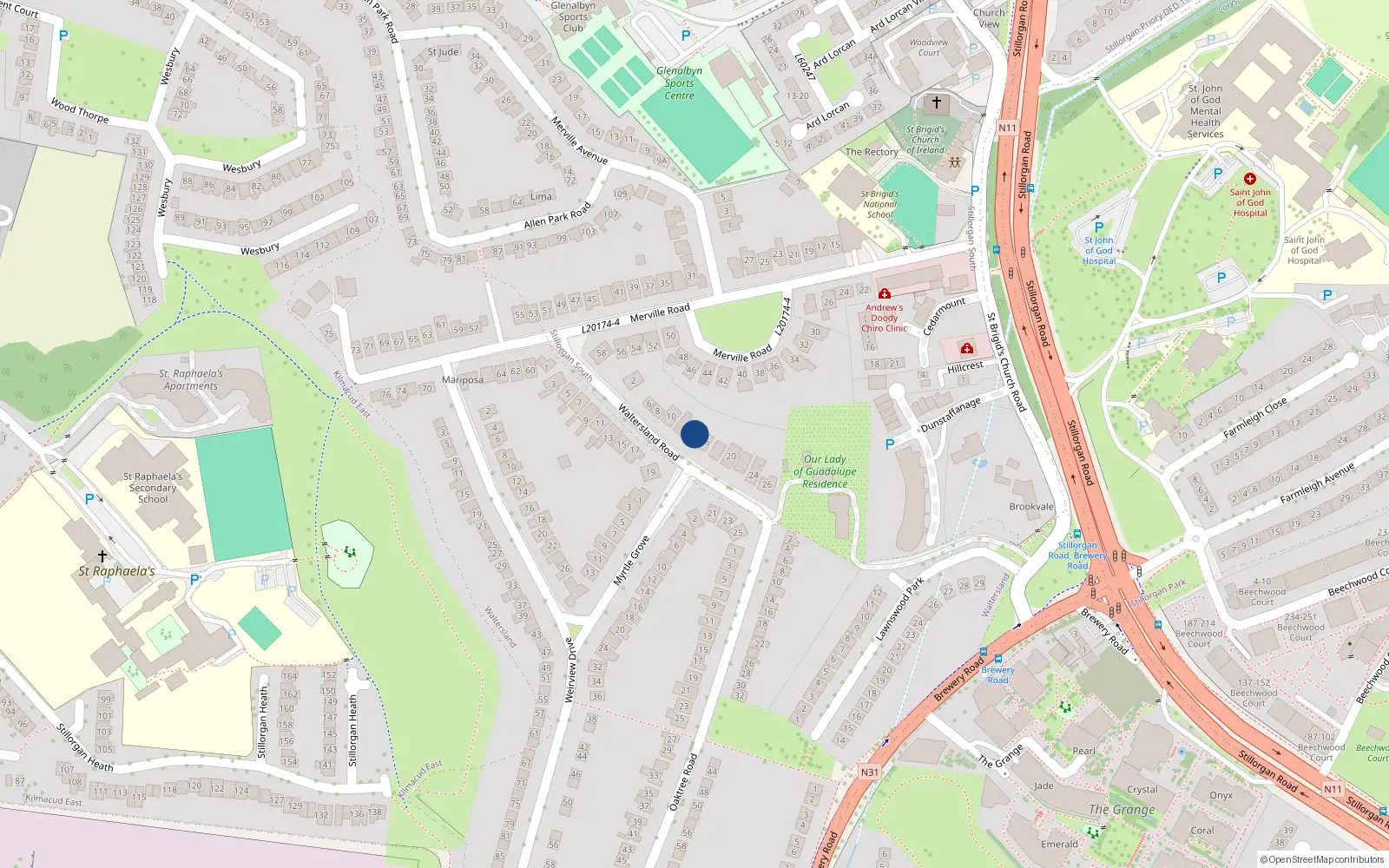 Overhead map showing the location of 14 Waltersland Road, Blackrock