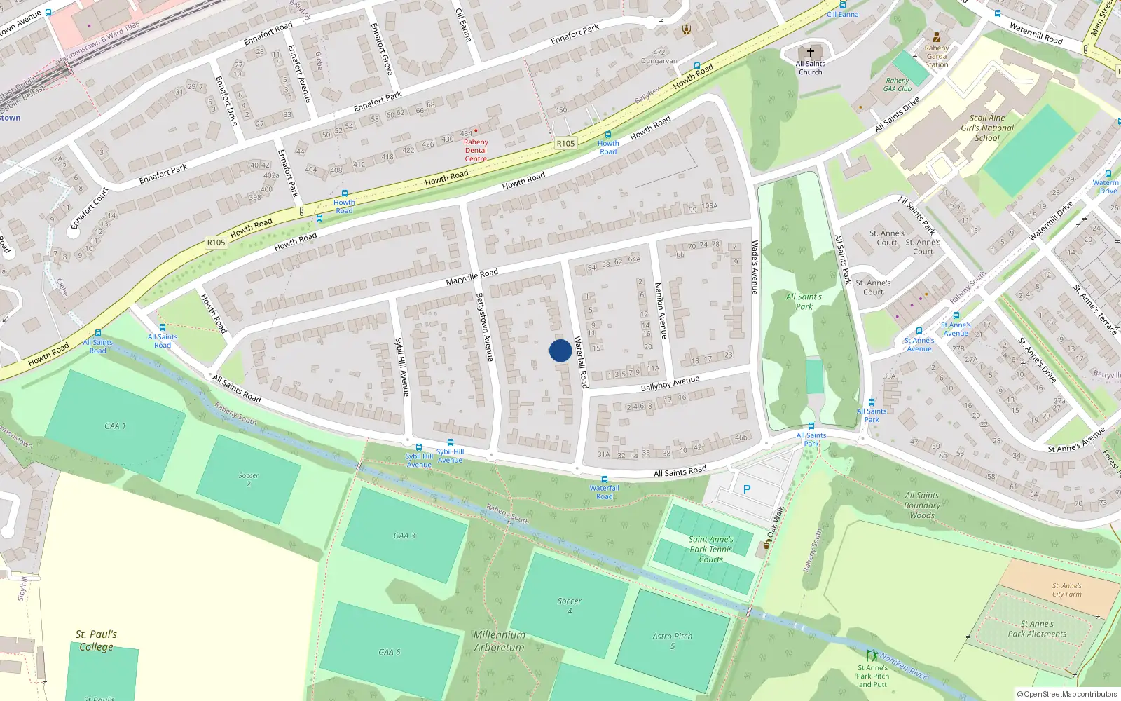 Overhead map showing the location of 14 Waterfall Road, Dublin 5