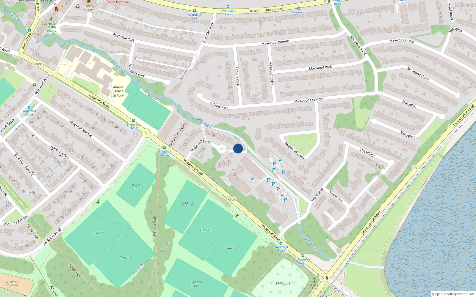 Overhead map showing the location of 14 Watermill Lawn, Raheny, Dublin 5