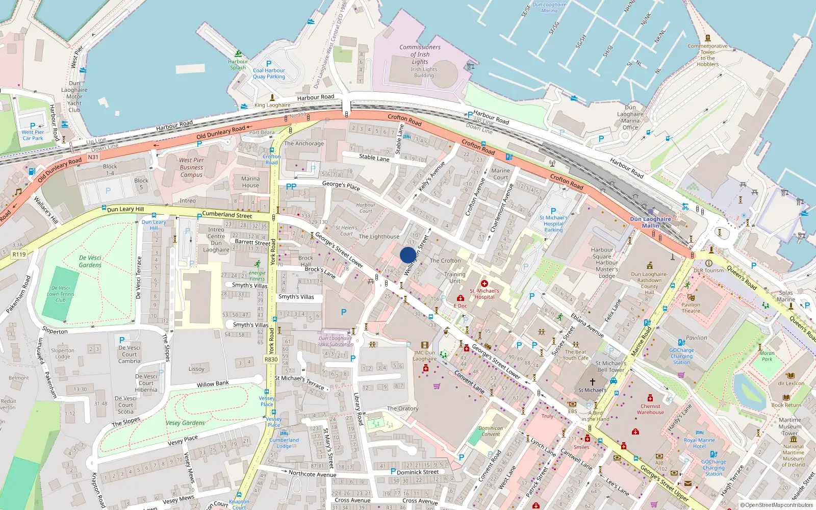 Overhead map showing the location of 14 Wellington St, Dun Laoghaire, Dublin