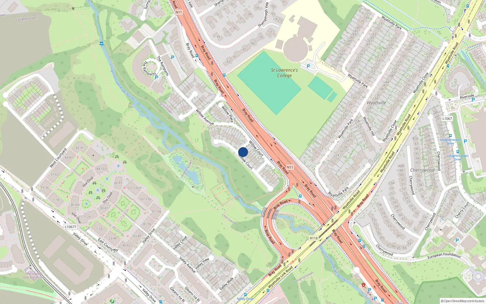 Overhead map showing the location of 14 Willow Court, Cabinteely