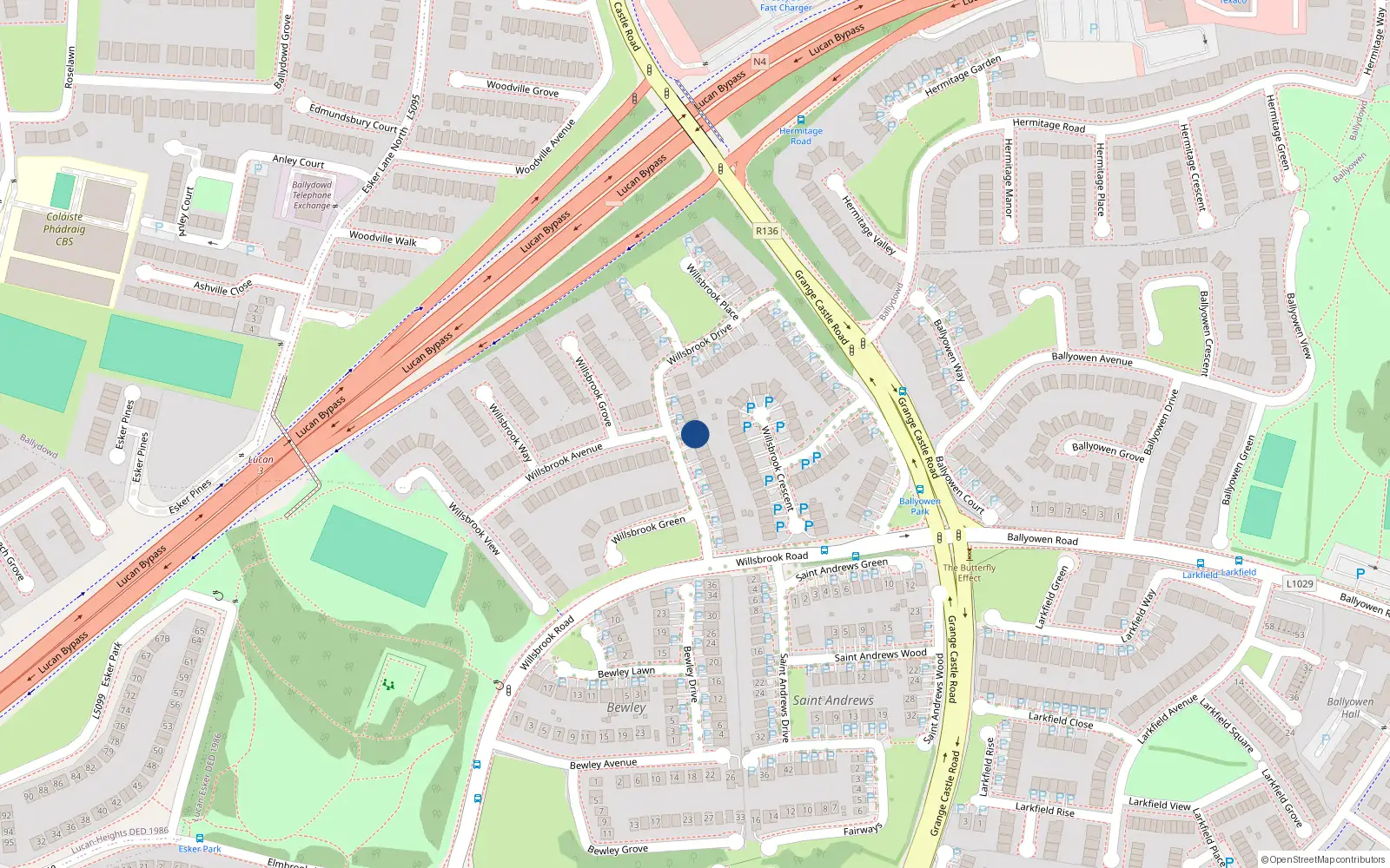 Overhead map showing the location of 14 Willsbrook Drive, Lucan