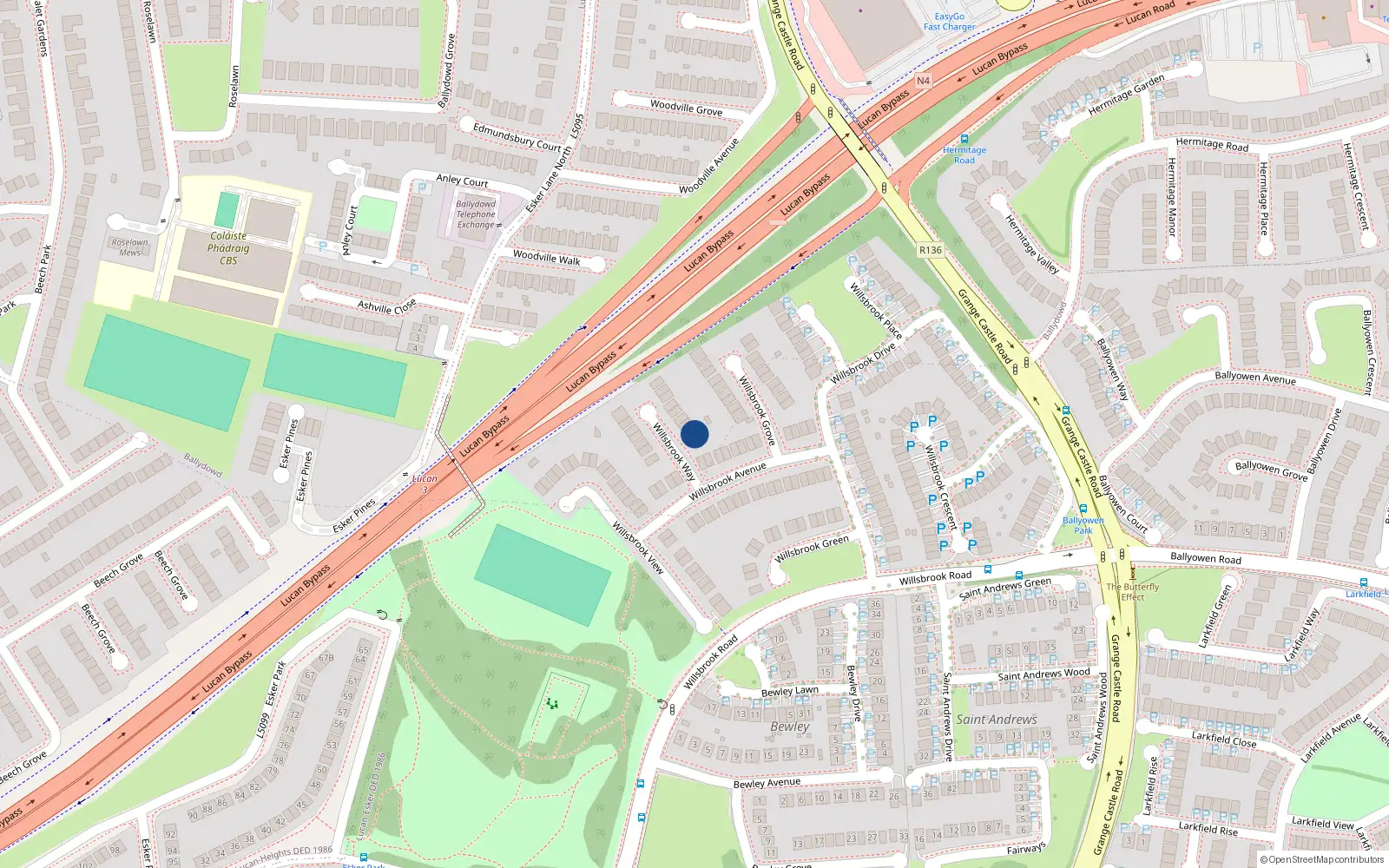 Overhead map showing the location of 14 Willsbrook Way, Lucan