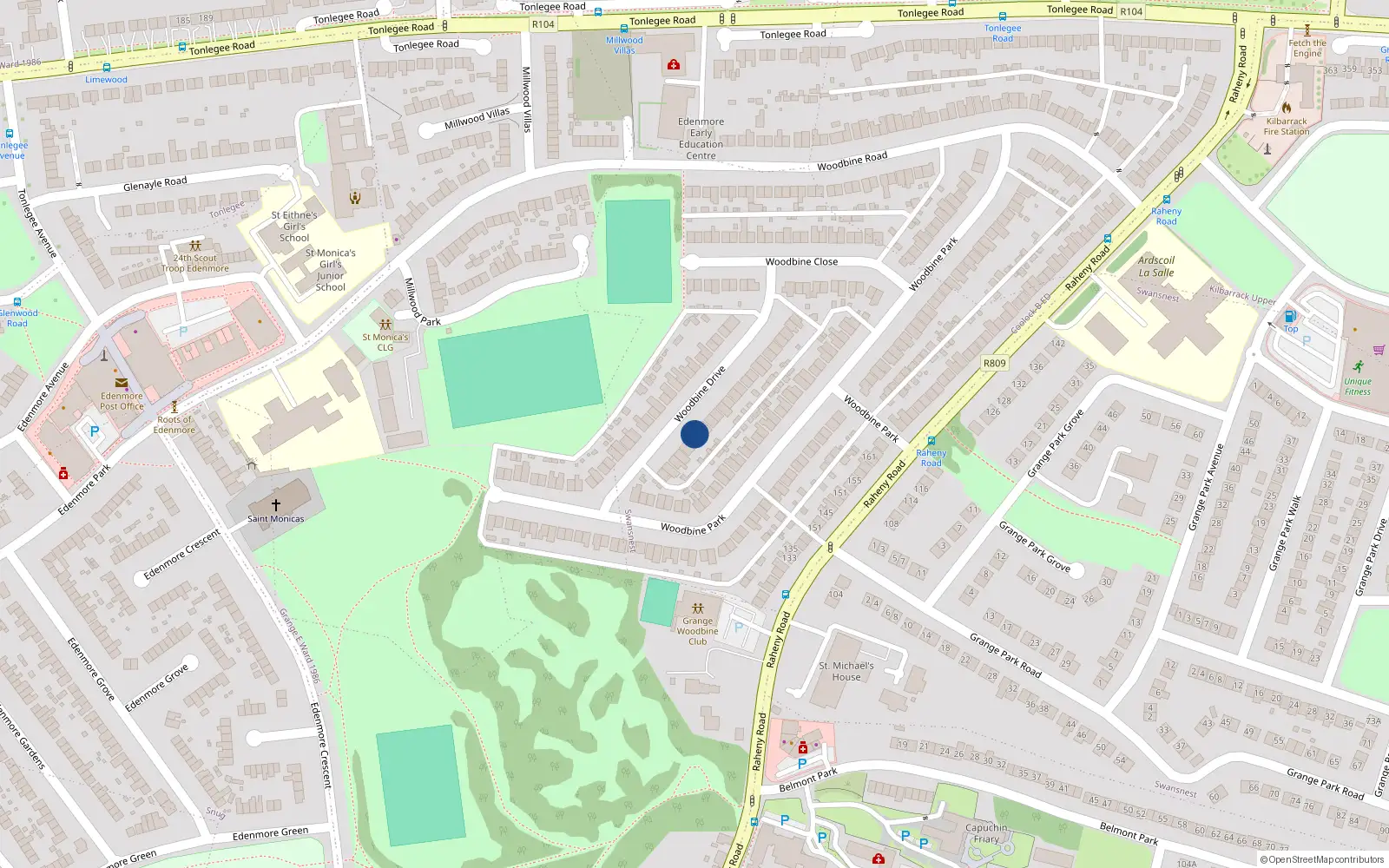 Overhead map showing the location of 14 Woodbine Drive, Raheny, Dublin 5