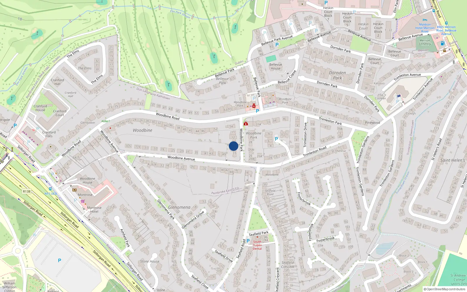 Overhead map showing the location of 14 Woodbine Park, Blackrock
