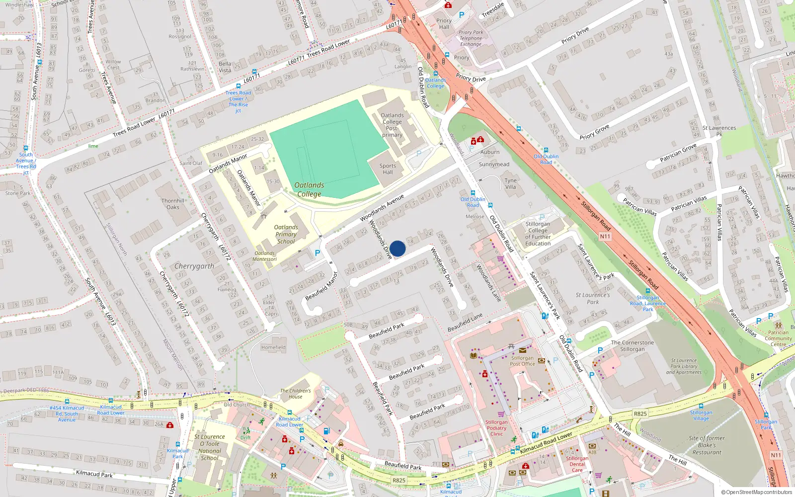 Overhead map showing the location of 14 Woodlands Drive, Dublin