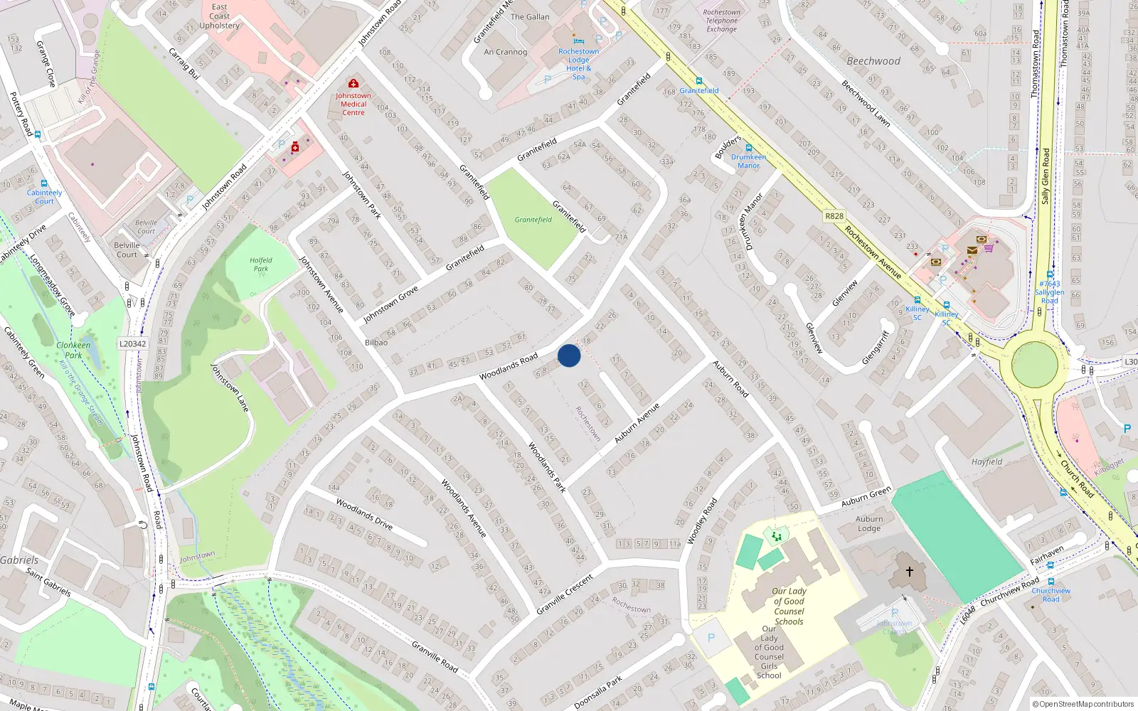 Overhead map showing the location of 14 Woodlands Road, Dun Laoghaire, Dublin