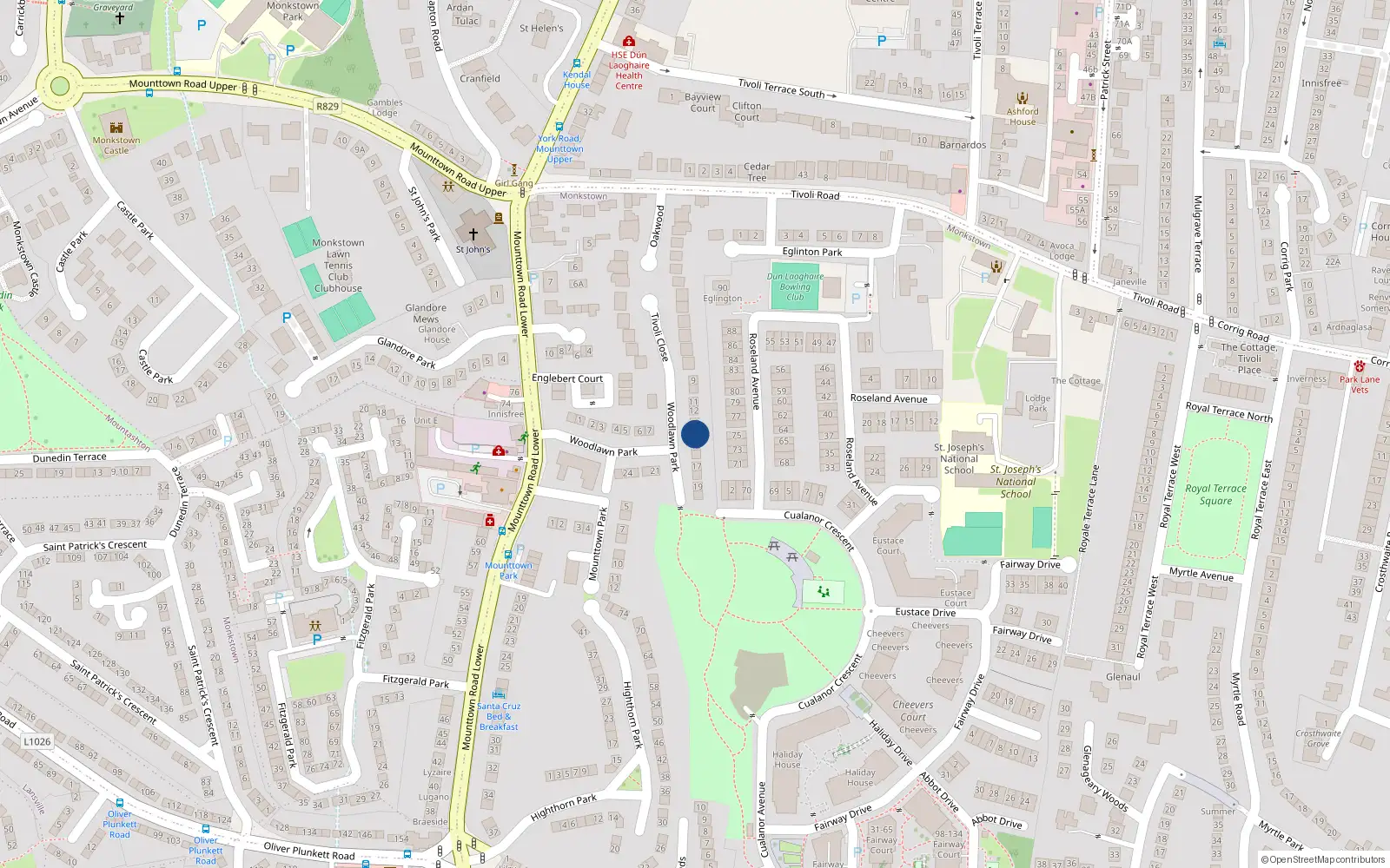 Overhead map showing the location of 14 Woodlawn Park, Dun Laoghaire