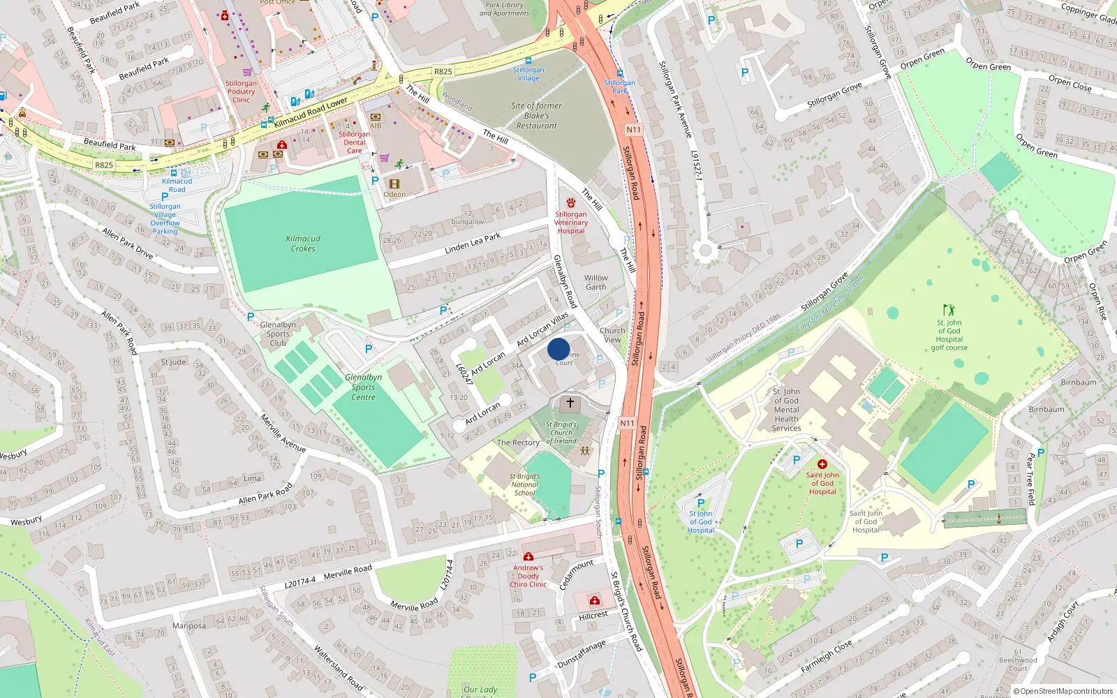 Overhead map showing the location of 14 Woodview Court, Glenalbyn Road, Stillorgan