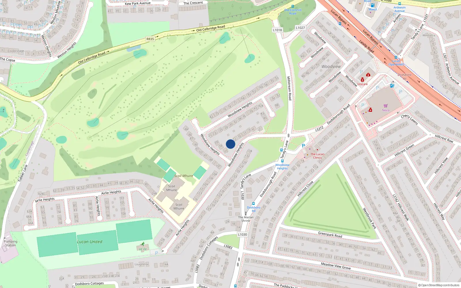 Overhead map showing the location of 14 Woodview Heights, Lucan