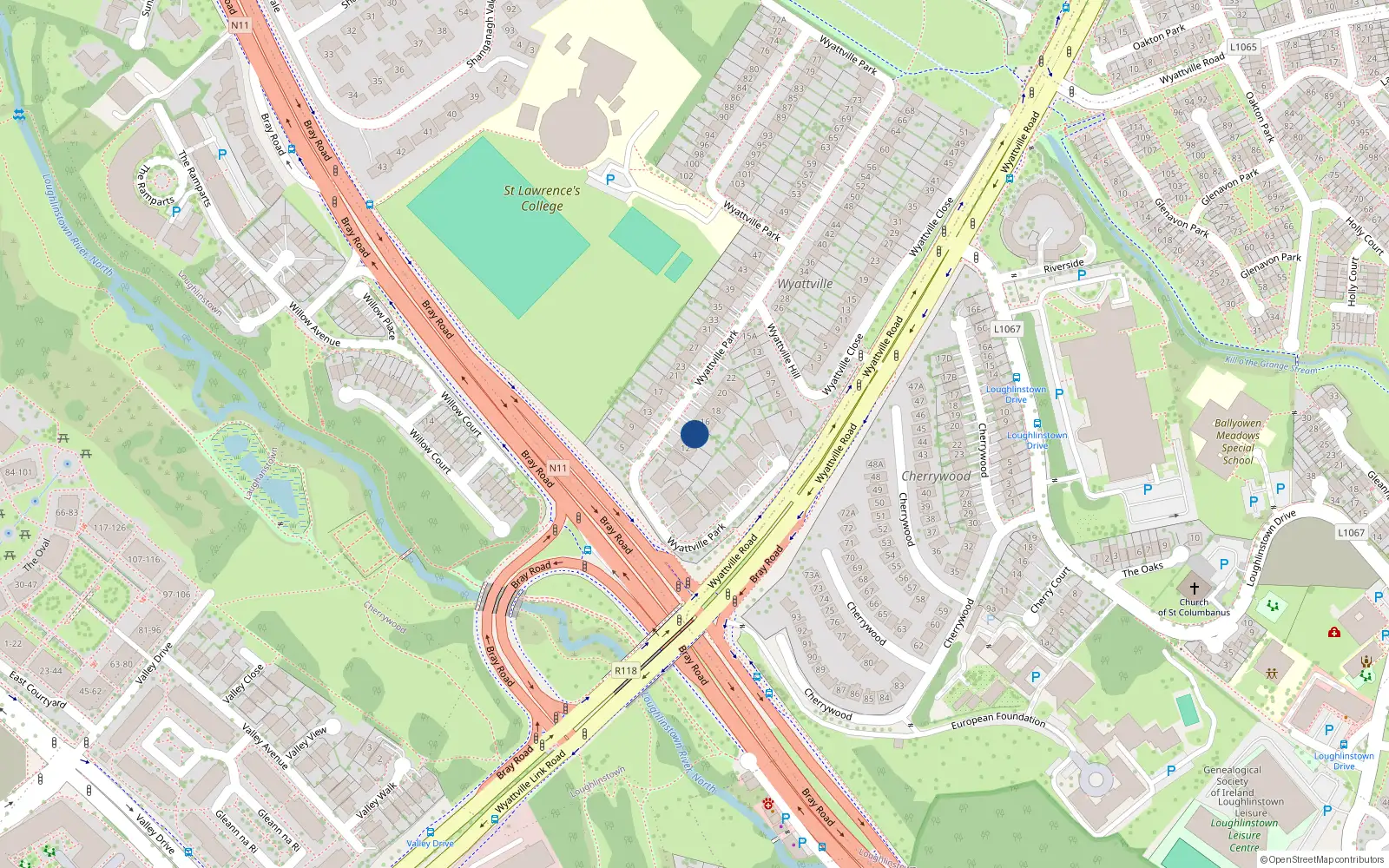 Overhead map showing the location of 14 Wyattville Park, Dublin