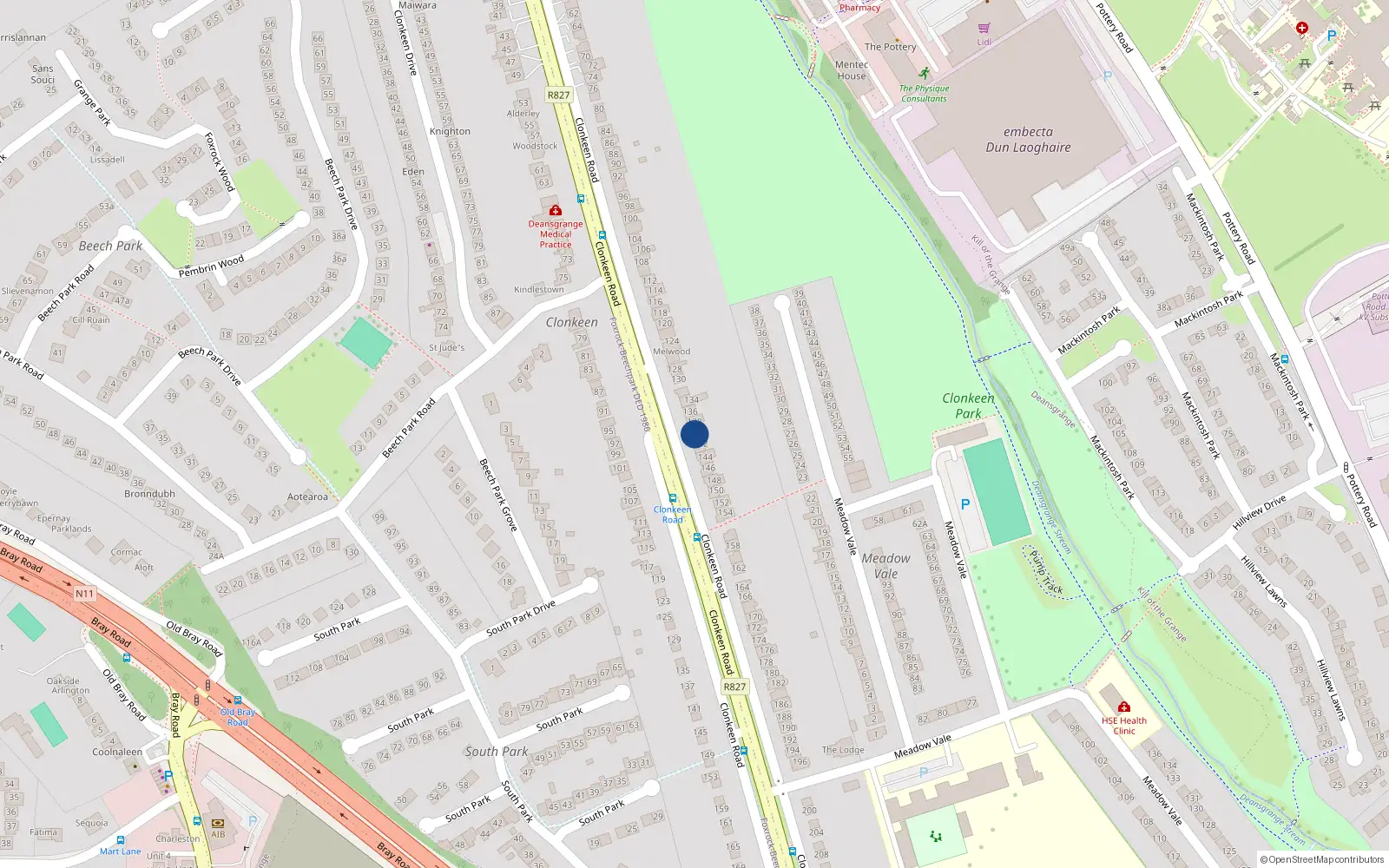 Overhead map showing the location of 140 Clonkeen Road, Deans Grange, Blackrock