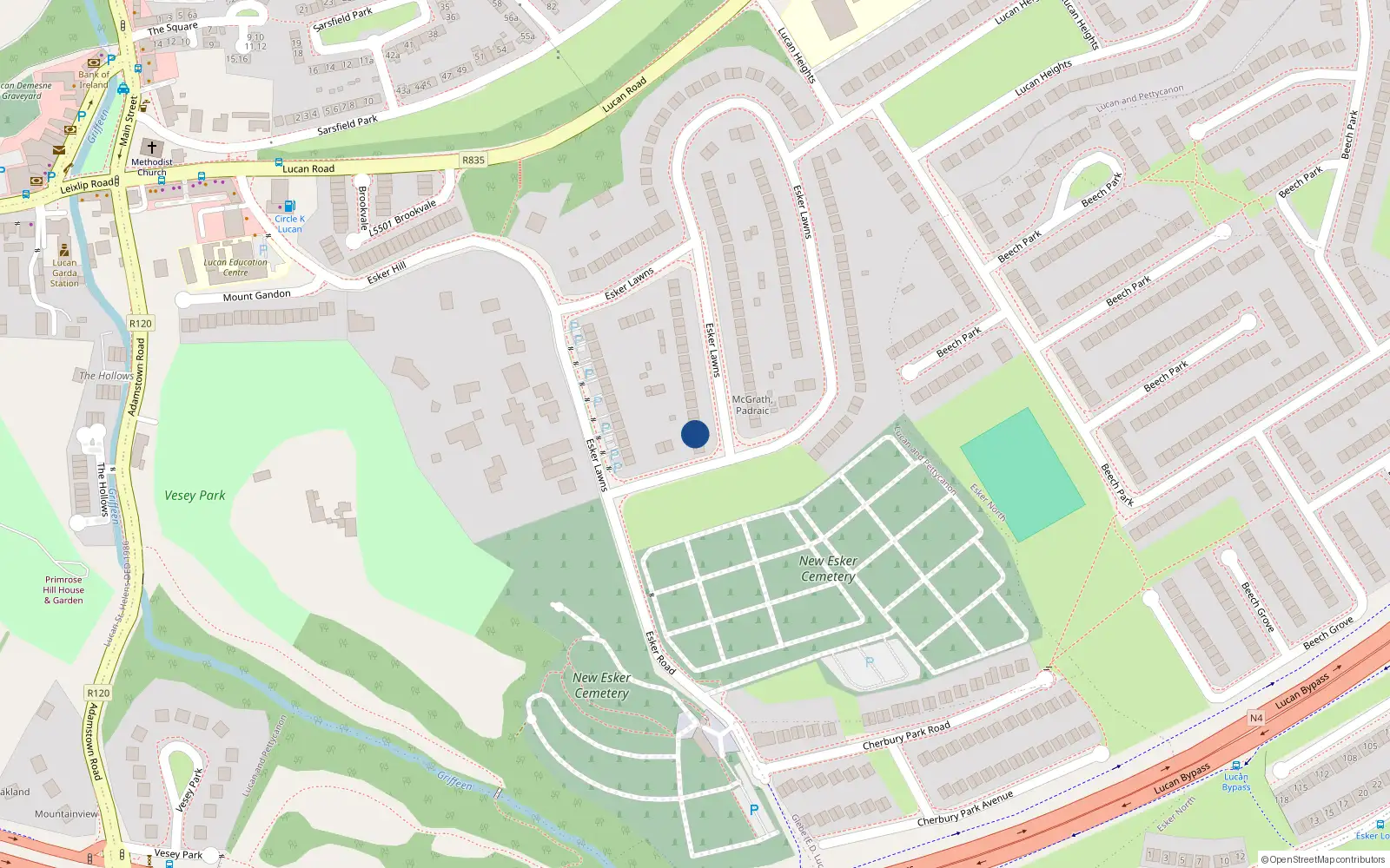 Overhead map showing the location of 140 Esker Lawns, Lucan