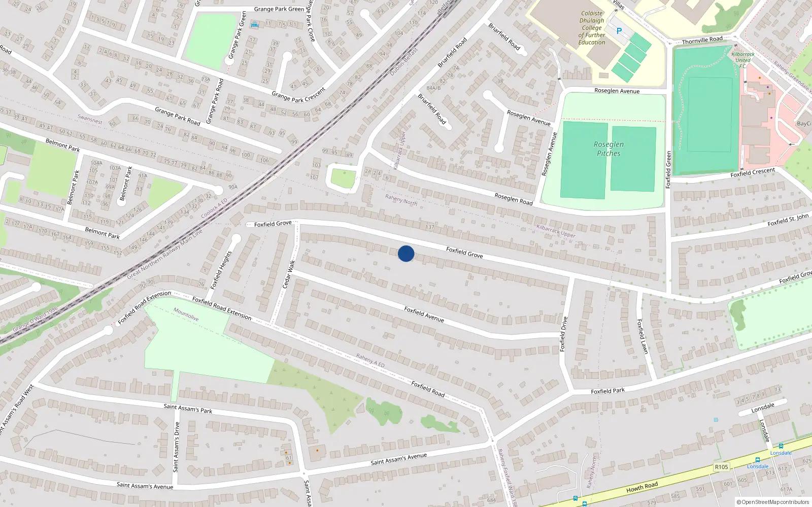 Overhead map showing the location of 140 Foxfield Grove, Dublin 5