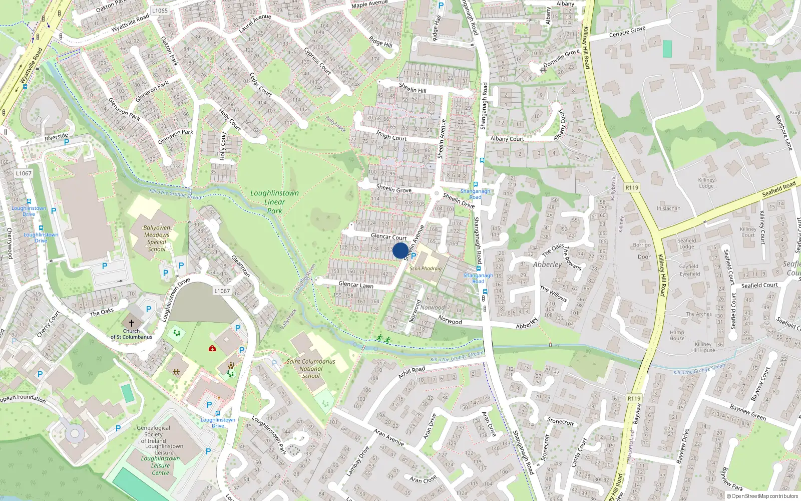 Overhead map showing the location of 140 Glencar Court, Loughlinstown, Dublin